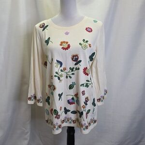 Coldwater Creek Cream Floral Embroidered Cotton Tunic Top Size Small